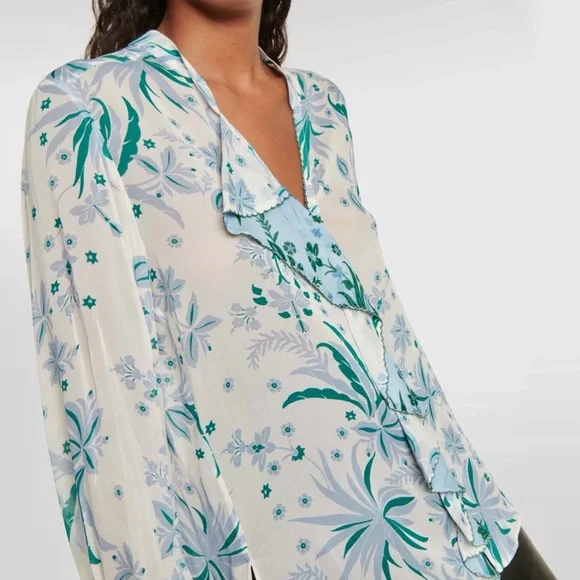 Dorothee Schumacher Floral Blue & Green Ruffled Long Sleeve Blouse Top 2/Small - Picture 2 of 7